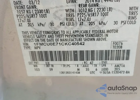 2012 Ford Escape Limited z USA, uszkodzony, nr VIN 1FMCU0E71CKC40542